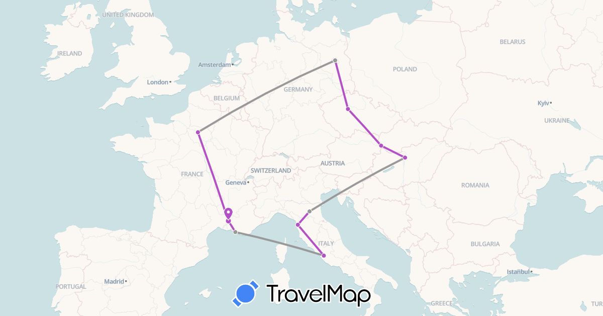 TravelMap itinerary: plane, train in Germany, France, Italy (Europe)