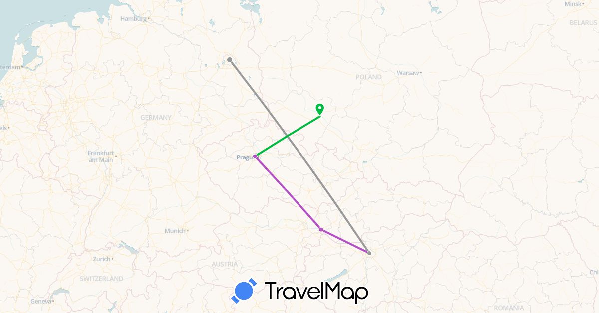 TravelMap itinerary: driving, bus, plane, train in Czech Republic, Germany, Hungary, Poland, Slovakia (Europe)